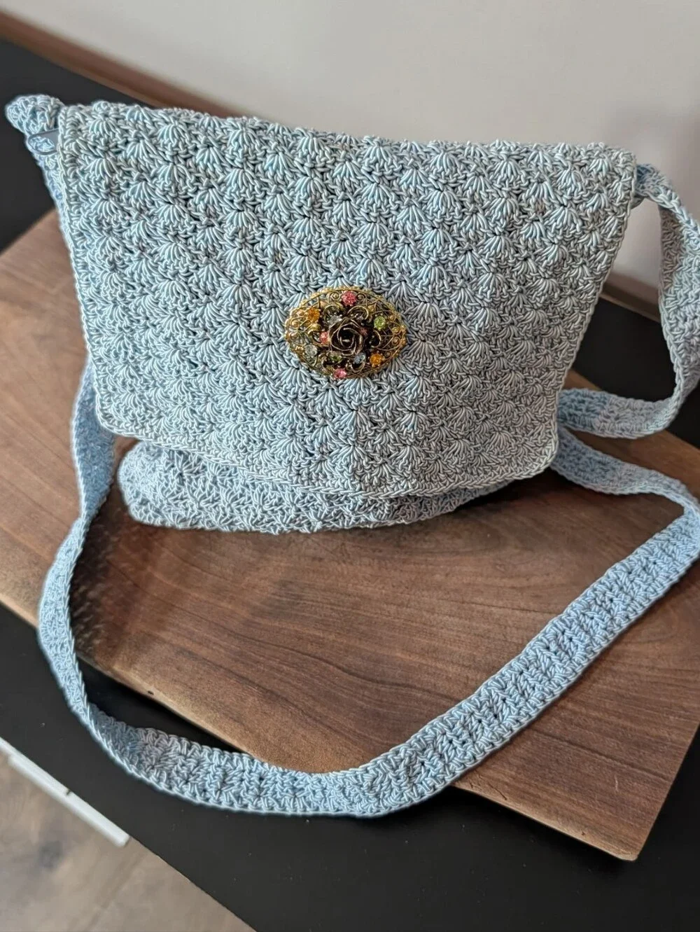 Light Blue Crochet Crossbody Bag with Decorative Brooche